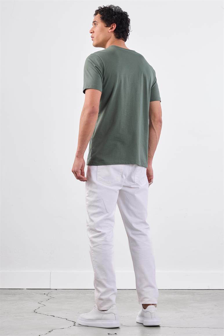 Haki Bisiklet Yaka Pamuklu Düz Renk Slim Fit Erkek T-shirt