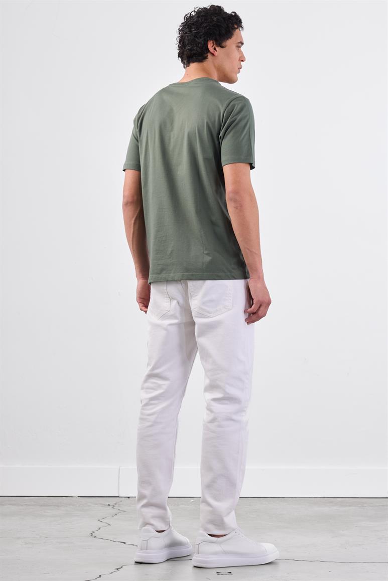 Haki V Yaka Pamuklu Düz Renk Slim Fit Erkek T-shirt