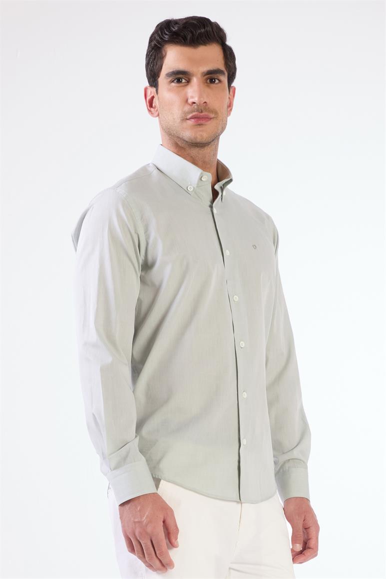 Haki Erkek Regular Fit Düz Brent Düğmeli Yaka Uzun Kol Gömlek 