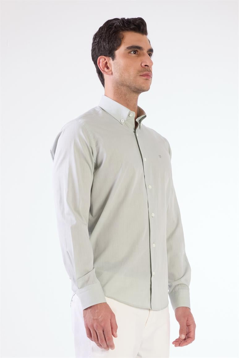 Haki Erkek Regular Fit Düz Brent Düğmeli Yaka Uzun Kol Gömlek 