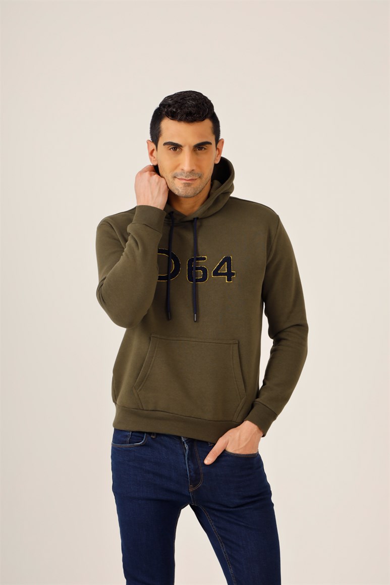 Haki Erkek Regular Fit Baskılı Kapüşonlu   Sweatshirt 
