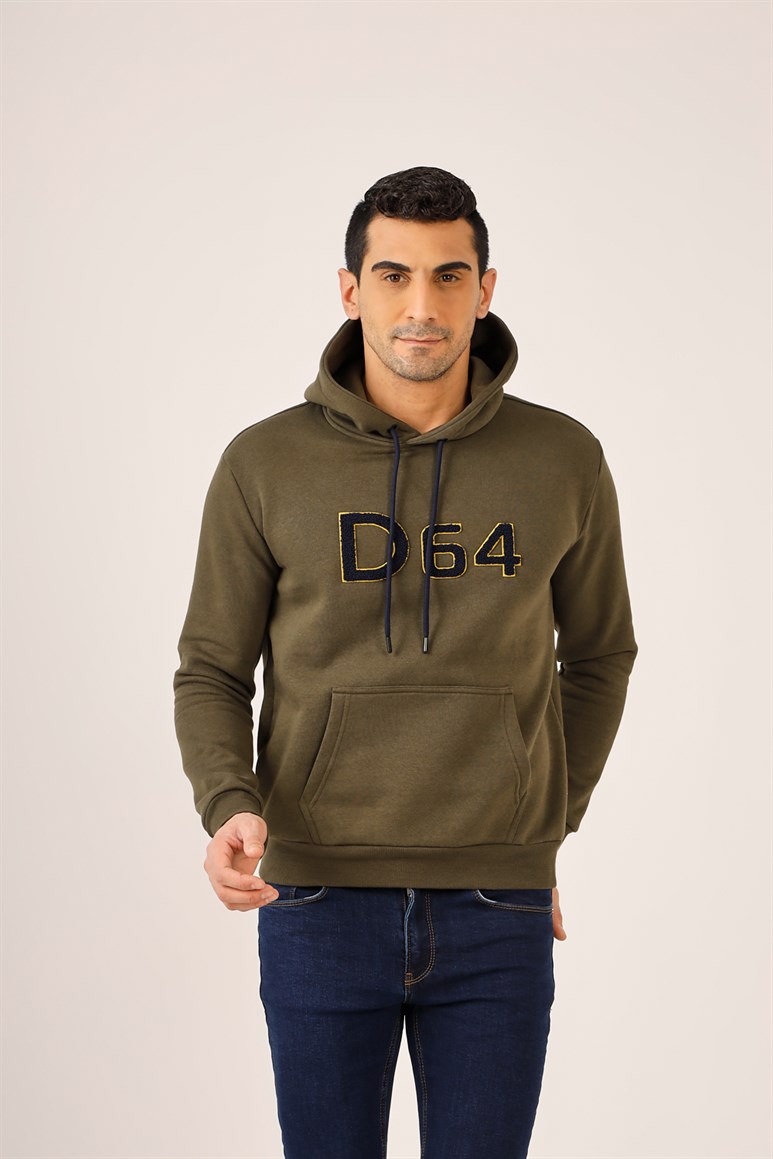 Haki Erkek Regular Fit Baskılı Kapüşonlu   Sweatshirt 