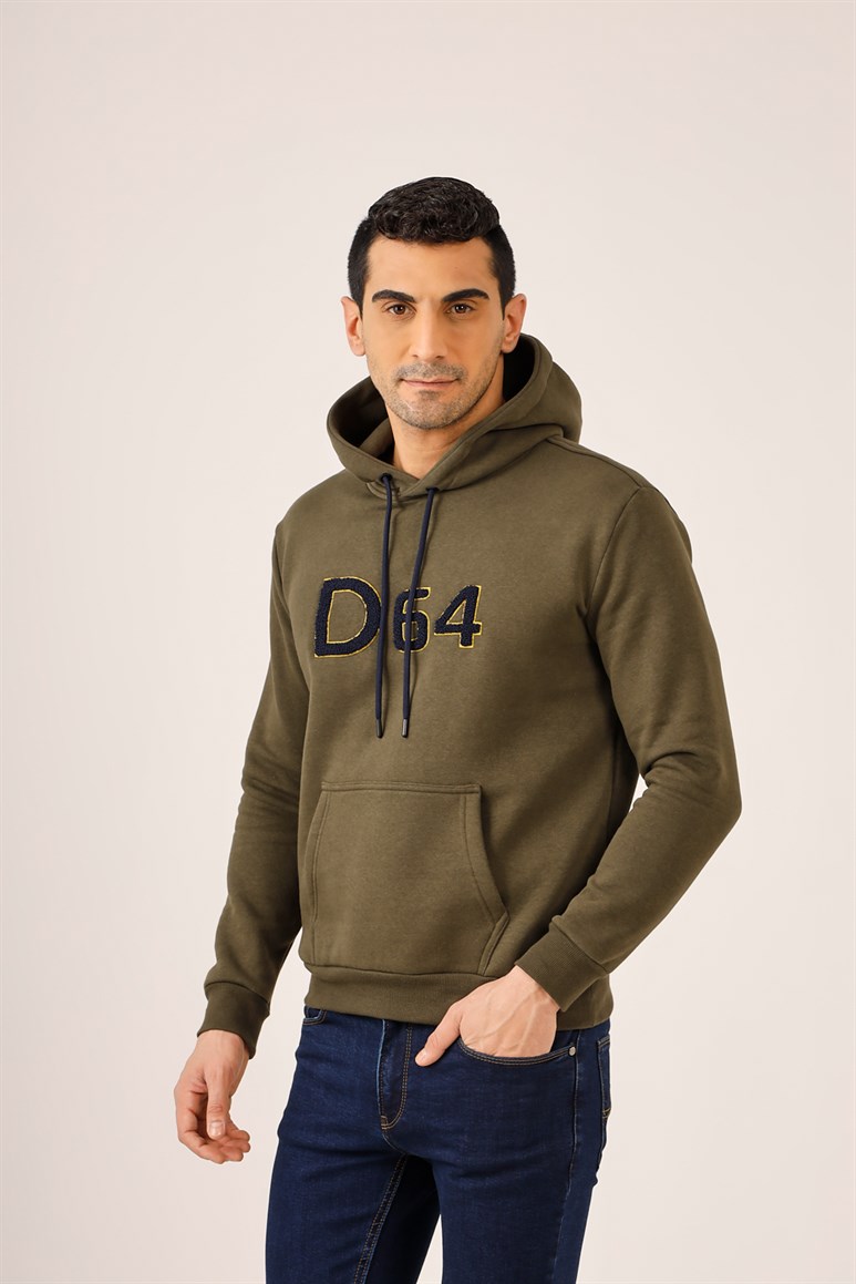 Haki Erkek Regular Fit Baskılı Kapüşonlu   Sweatshirt 