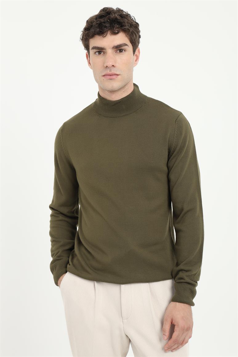 Haki Balıkçı Yaka Slim Fit Erkek Triko