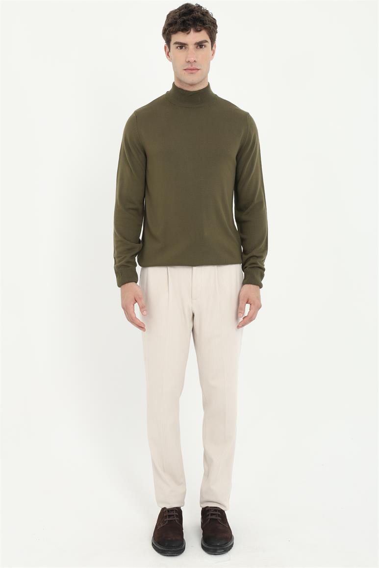 Haki Balıkçı Yaka Slim Fit Erkek Triko