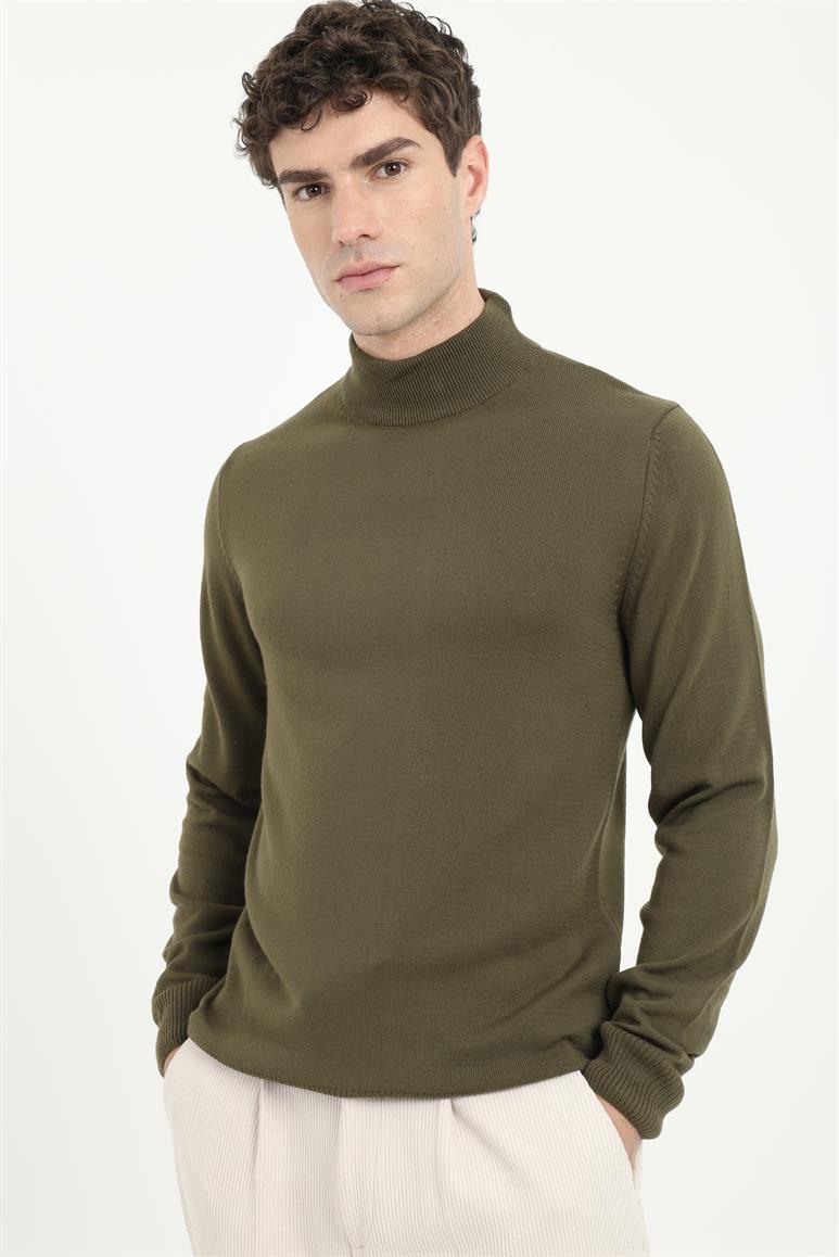 Haki Balıkçı Yaka Slim Fit Erkek Triko