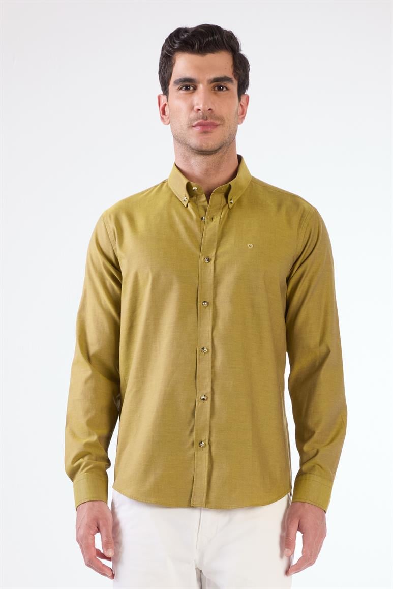 Hardal Erkek Slim Fit Düz Brent Düğmeli Yaka Uzun Kol Gömlek 