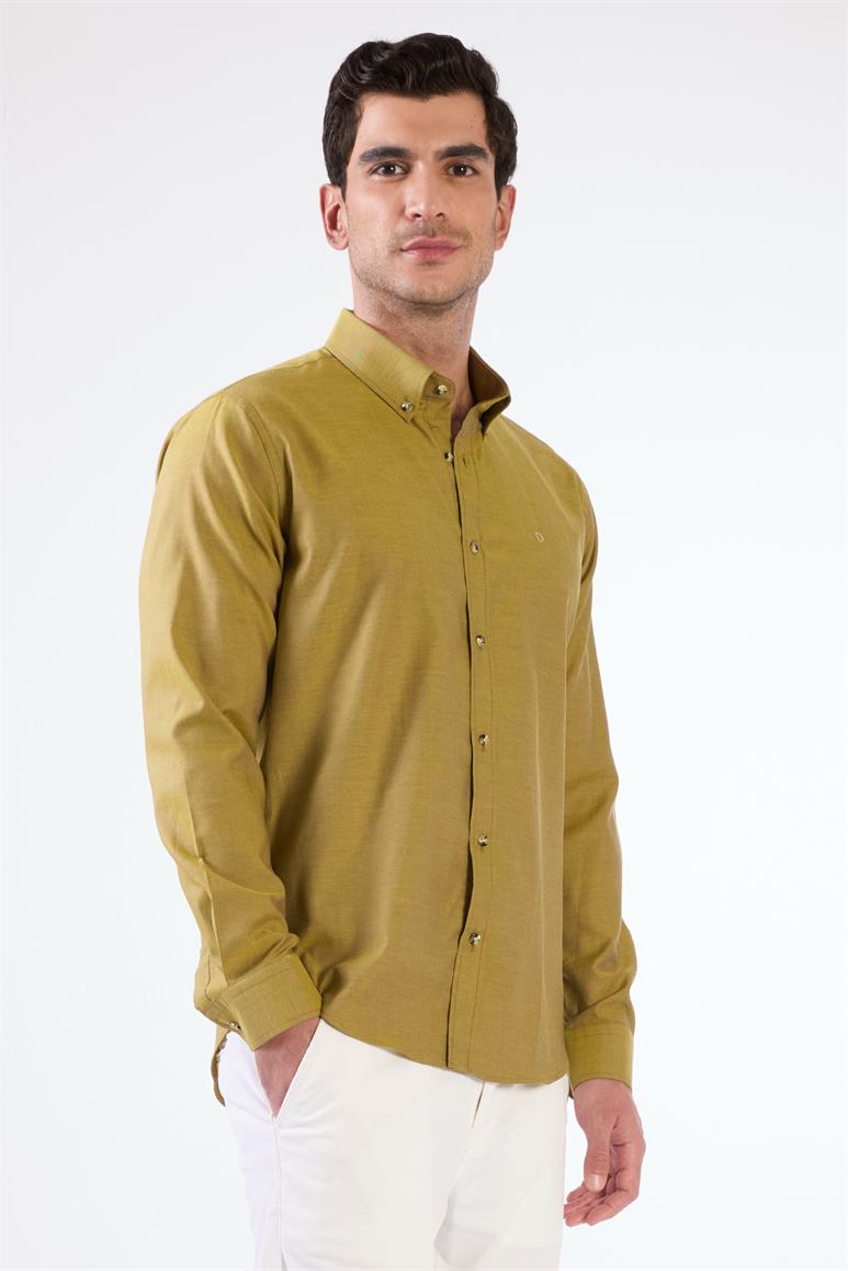 Hardal Erkek Slim Fit Düz Brent Düğmeli Yaka Uzun Kol Gömlek 