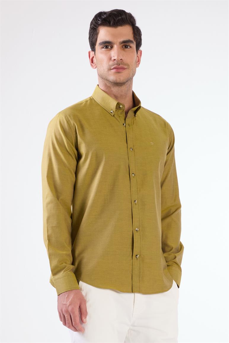 Hardal Erkek Slim Fit Düz Brent Düğmeli Yaka Uzun Kol Gömlek 