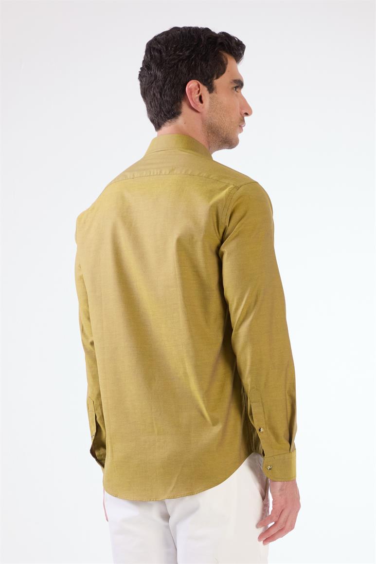Hardal Erkek Slim Fit Düz Brent Düğmeli Yaka Uzun Kol Gömlek 