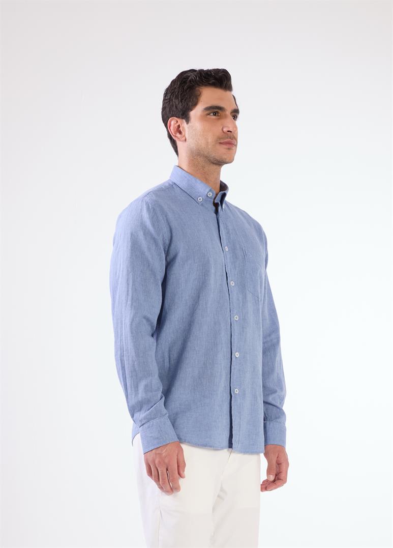 İndigo Keten Cep Detaylı Regular Fit Erkek Gömlek