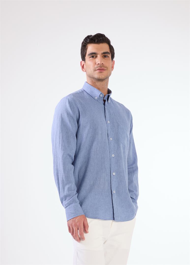 İndigo Keten Cep Detaylı Regular Fit Erkek Gömlek