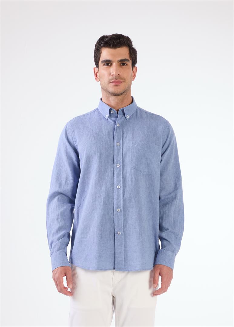 İndigo Keten Cep Detaylı Regular Fit Erkek Gömlek