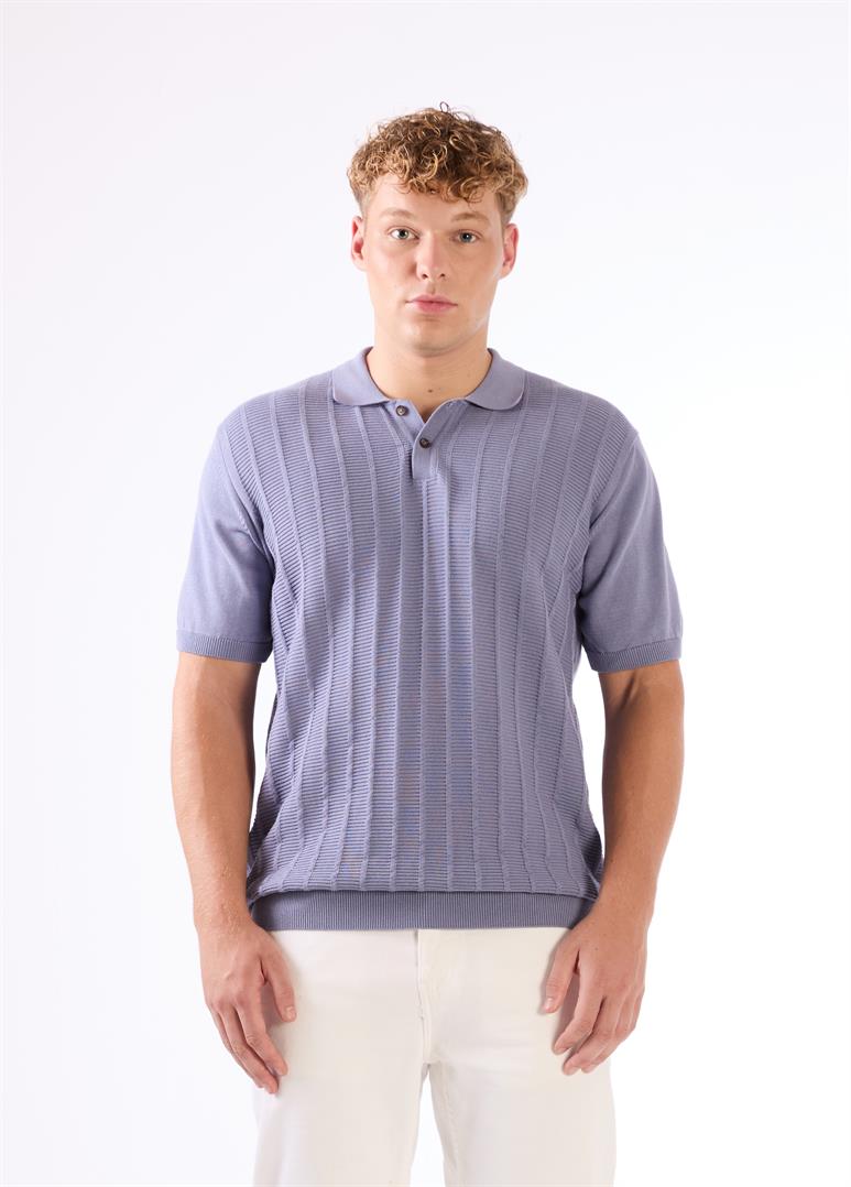 İndigo Polo Düğmeli Kısa Kollu Düz Renk Fitilli Slim Fit Erkek Triko