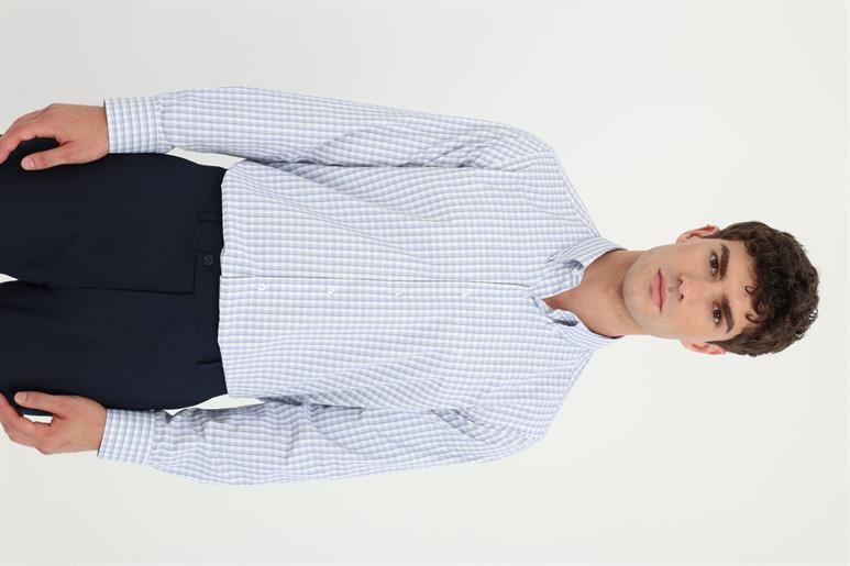 Koyu Mavi Kare Desen Klasik Yaka Regular Fit Gömlek