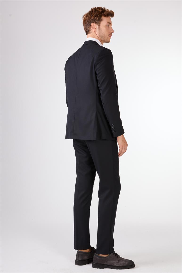 Koyu Lacivert Armürlü Slim Fit Casual Takım Elbise