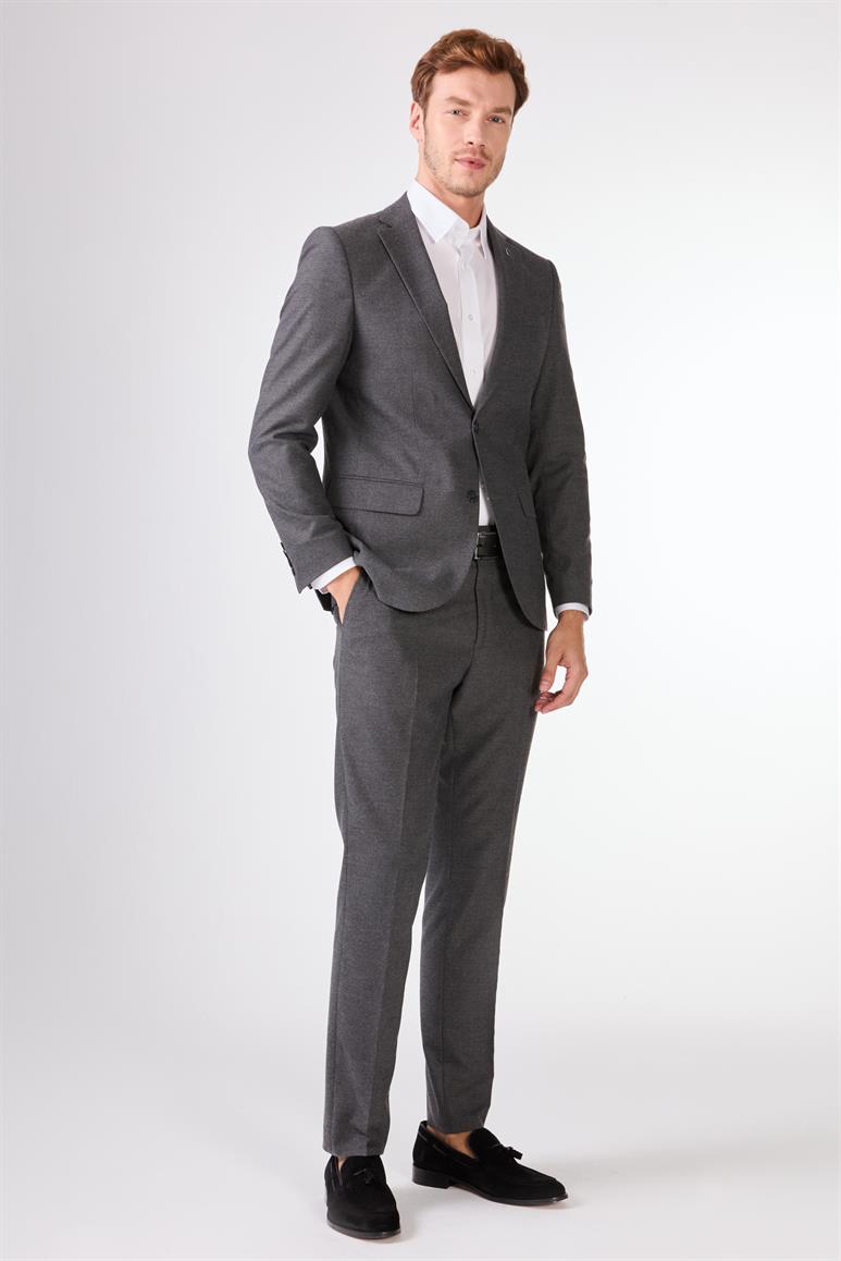 Koyu Gri Mono Yaka Slim Fit Casual Takım Elbise