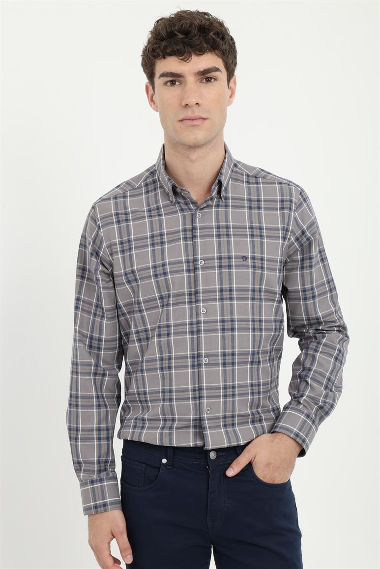 Koyu Gri Klasik Ekoseli Regular Fit Erkek Gömlek 