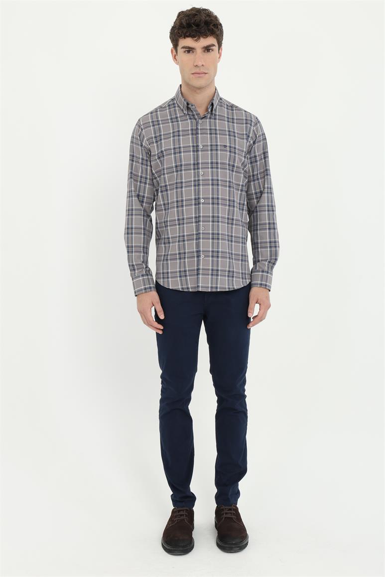 Koyu Gri Klasik Ekoseli Regular Fit Erkek Gömlek 