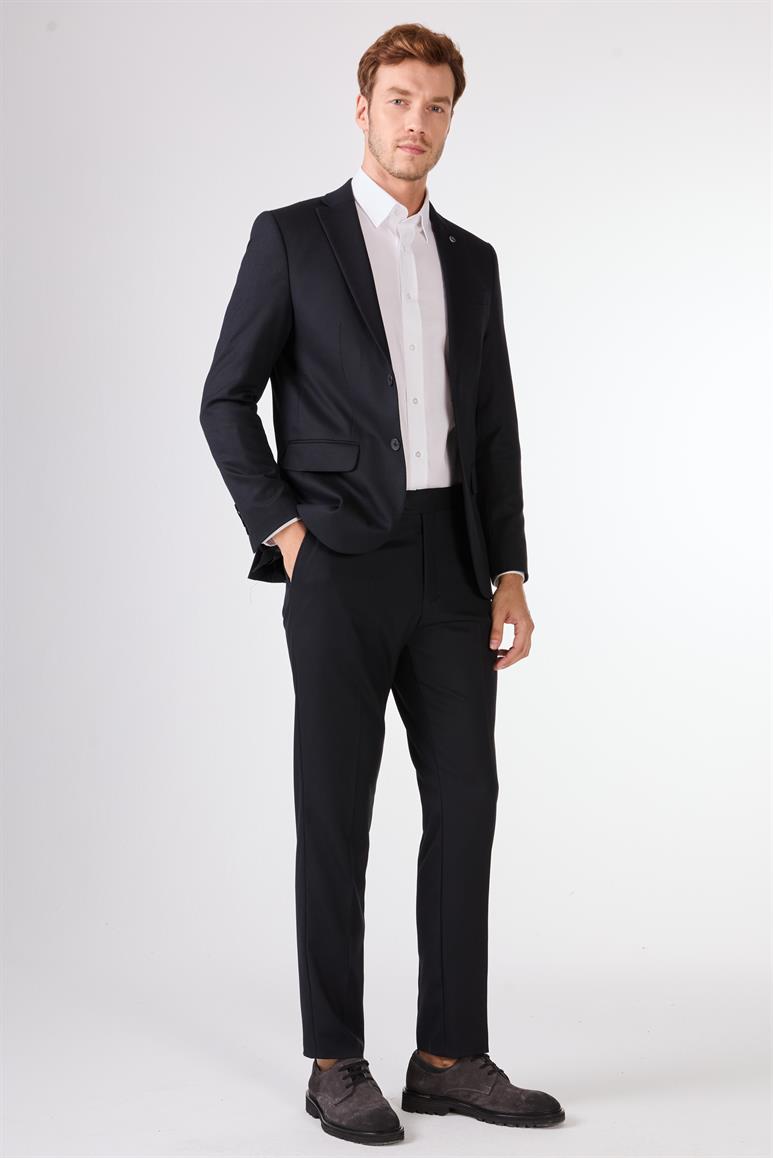 Koyu Lacivert Armürlü Slim Fit Casual Takım Elbise