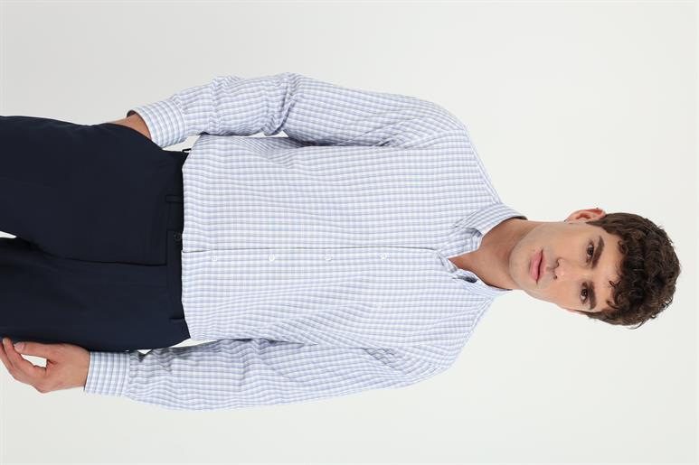 Koyu Mavi Kare Desen Klasik Yaka Regular Fit Gömlek