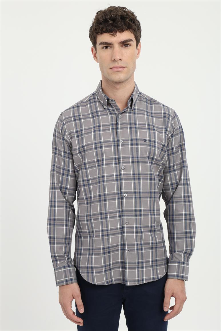 Koyu Gri Klasik Ekoseli Regular Fit Erkek Gömlek 