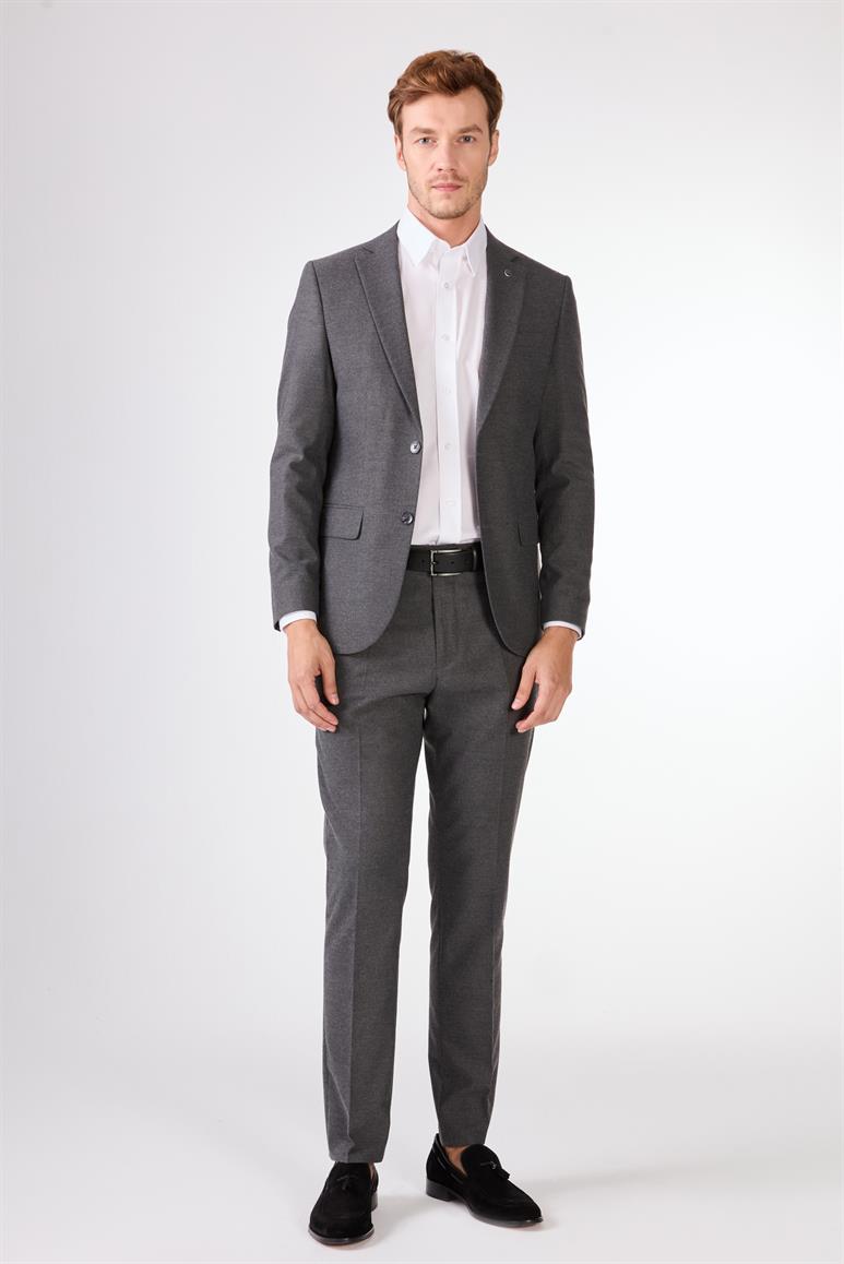 Koyu Gri Mono Yaka Slim Fit Casual Takım Elbise