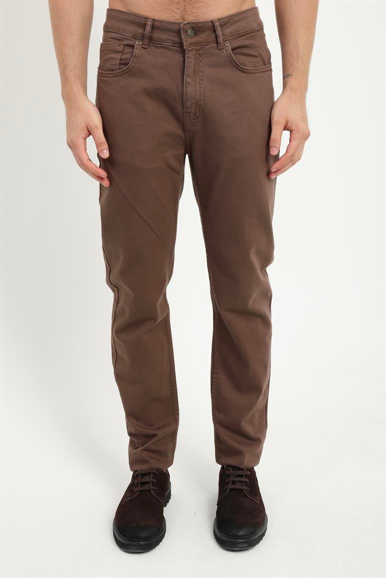 Kahve 5 Cep Düz Renk Slim Fit Erkek Pantolon