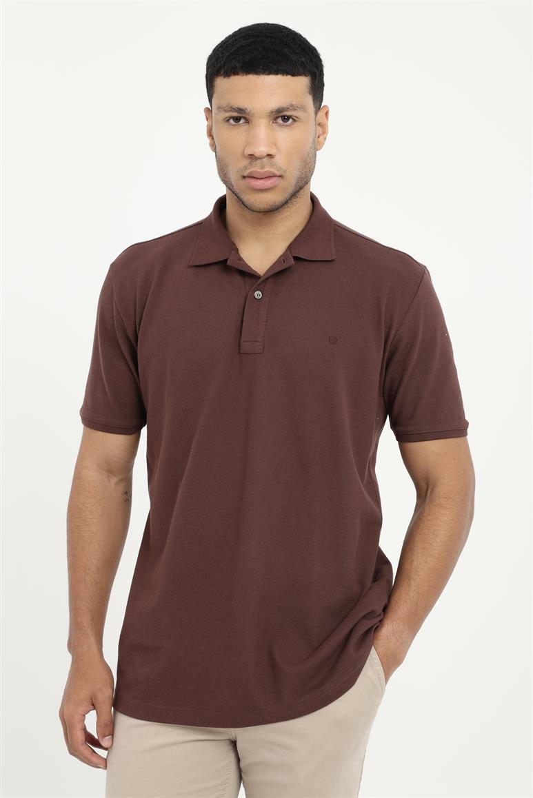 Kahve Polo Yaka Pamuklu Düz Renk Slim Fit Erkek T