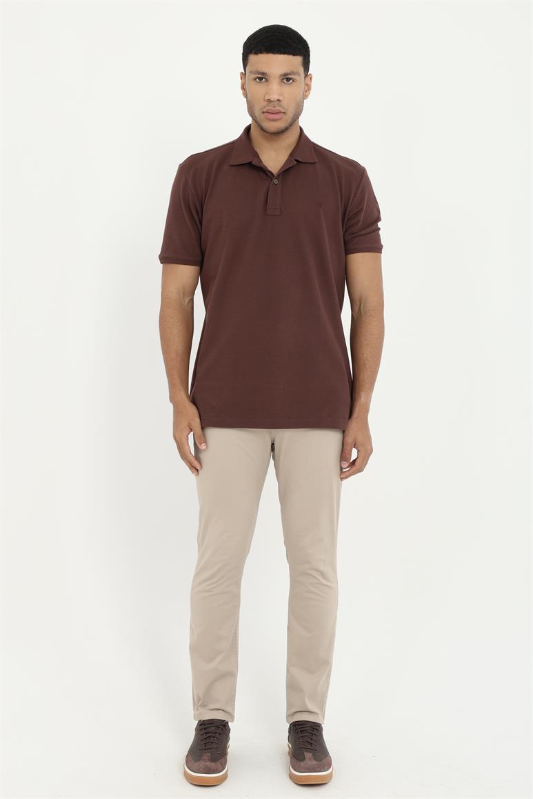 Kahve Polo Yaka Pamuklu Düz Renk Slim Fit Erkek T