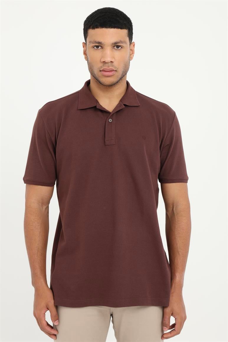 Kahve Polo Yaka Pamuklu Düz Renk Slim Fit Erkek T