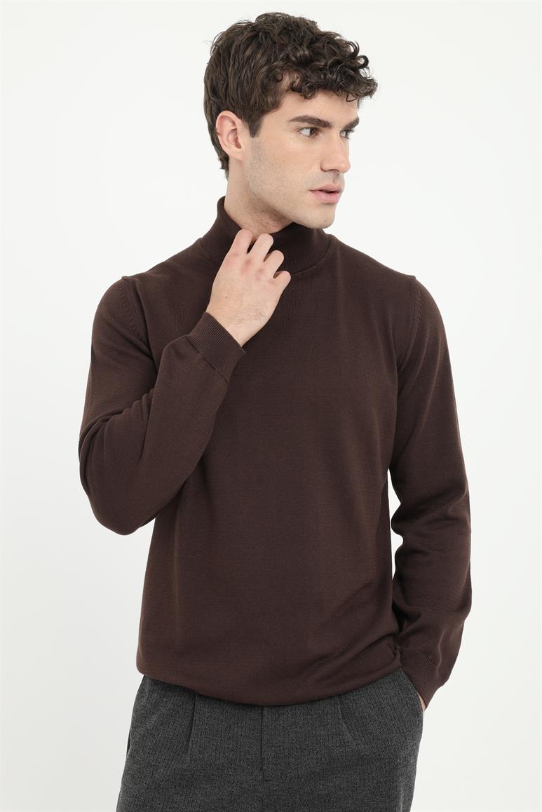 Kahve Tam Balıkçı Düz Erkek Regular Fit Triko