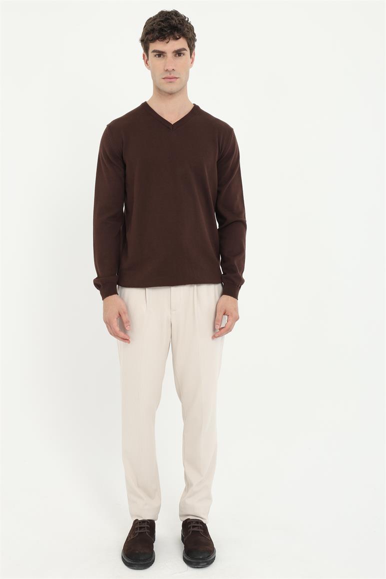 Kahve V Yaka Regular Fit Düz Erkek Triko
