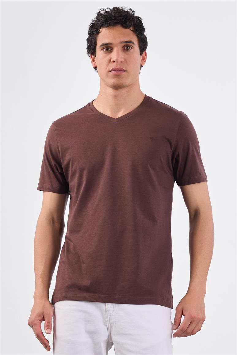 Kahve V Yaka Pamuklu Düz Renk Slim Fit Erkek T-shirt