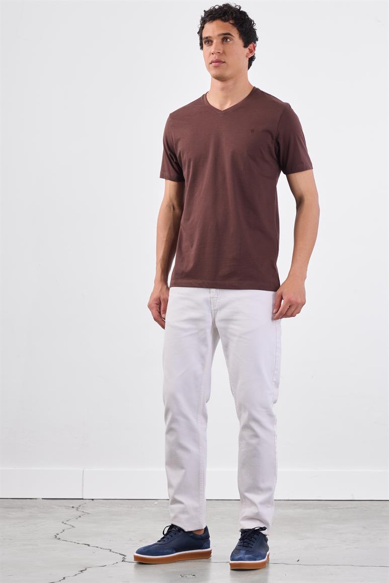 Kahve V Yaka Pamuklu Düz Renk Slim Fit Erkek T-shirt