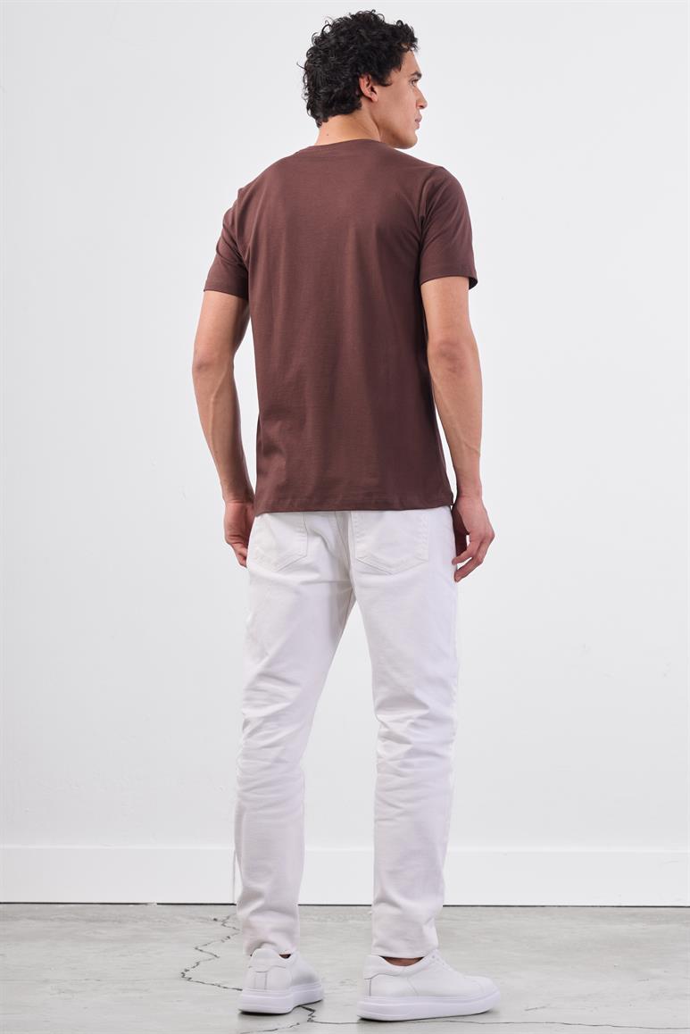 Kahve Bisiklet Yaka Pamuklu Düz Renk Slim Fit Erkek T-shirt