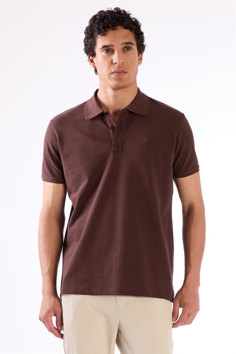 Kahve Polo Yaka Pamuklu Düz Renk Slim Fit Erkek T-shirt