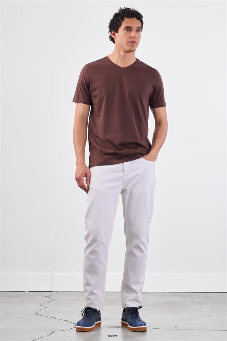 Kahve V Yaka Pamuklu Düz Renk Slim Fit Erkek T-shirt
