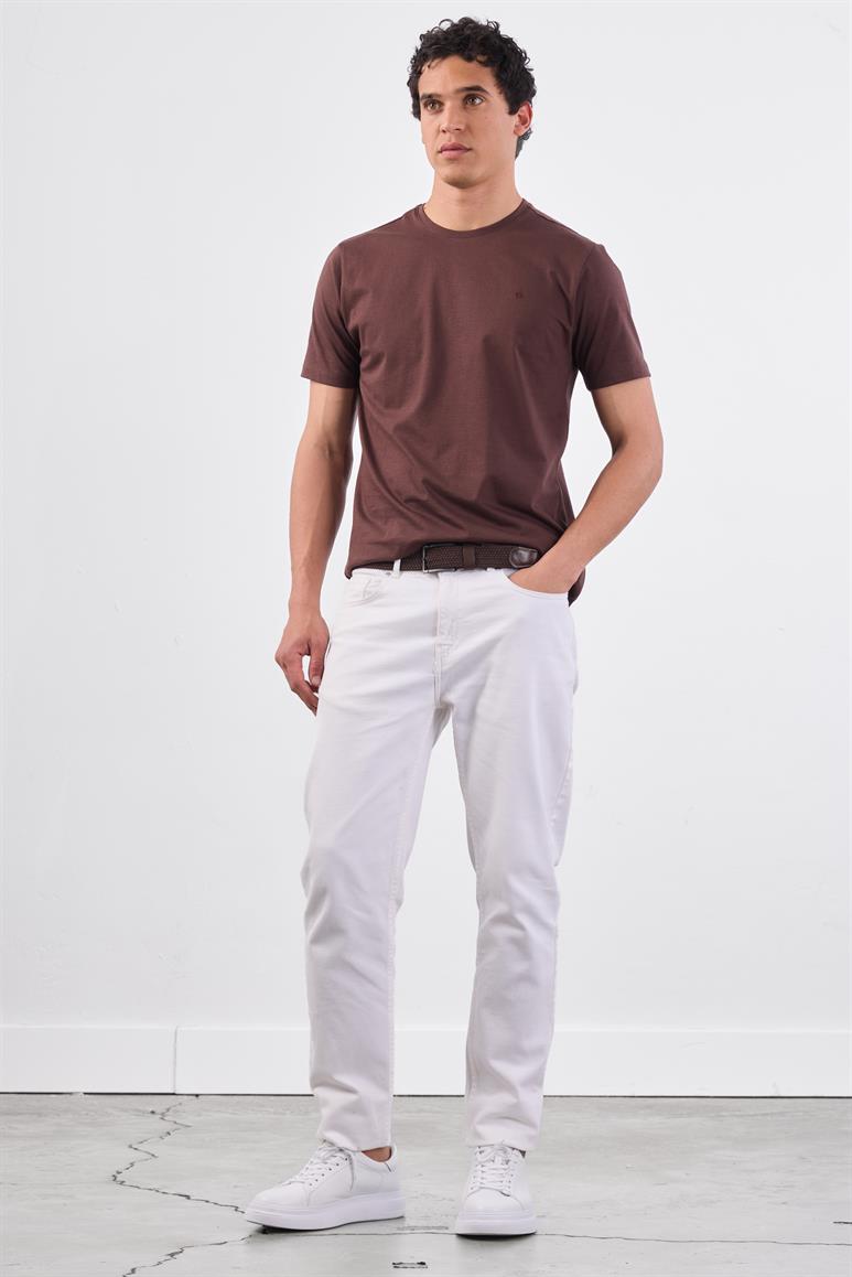 Kahve Bisiklet Yaka Pamuklu Düz Renk Slim Fit Erkek T-shirt