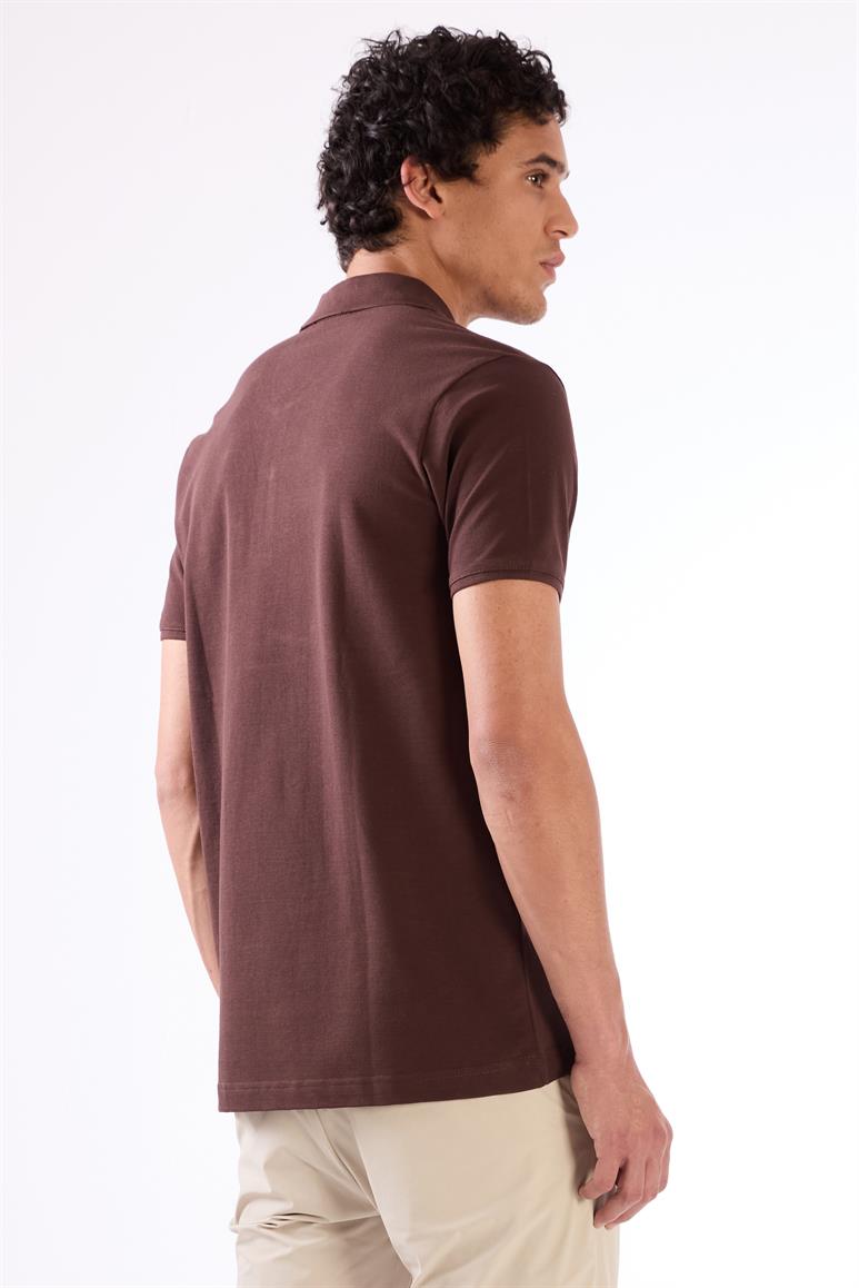 Kahve Polo Yaka Pamuklu Düz Renk Slim Fit Erkek T-shirt