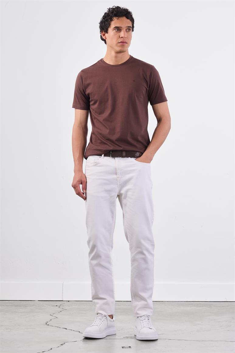 Kahve Bisiklet Yaka Pamuklu Düz Renk Slim Fit Erkek T-shirt