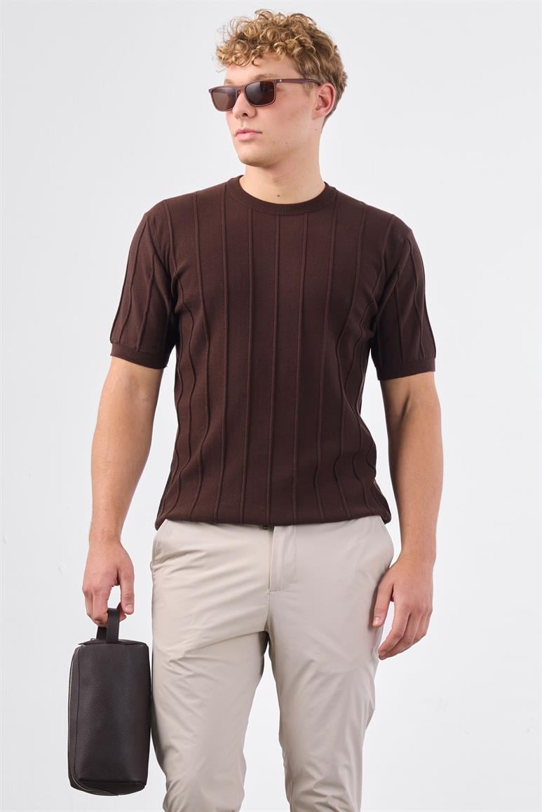 Kahve Çizgili Desen Kısa Kol Slim Fit Erkek Triko