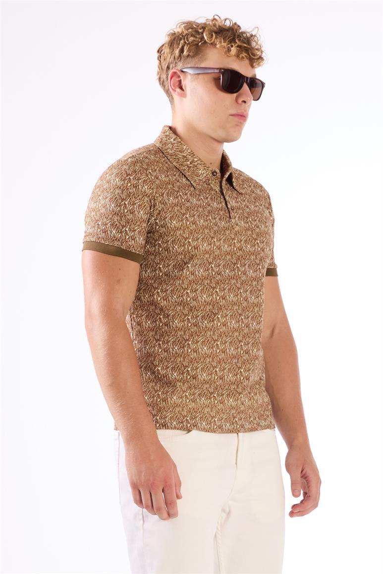 Kahverengi Erkek Ekstra Slim Fit Desenli Casual Polo Yaka T-shirt 