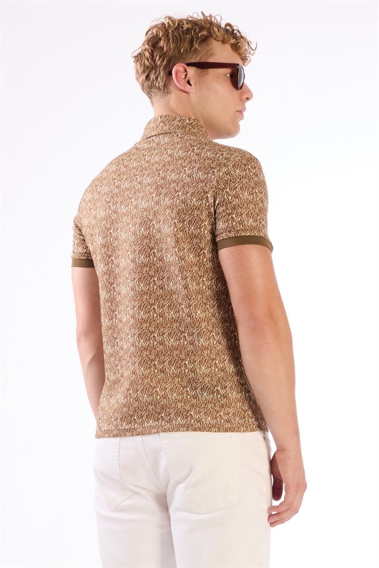 Kahverengi Erkek Ekstra Slim Fit Desenli Casual Polo Yaka T-shirt 