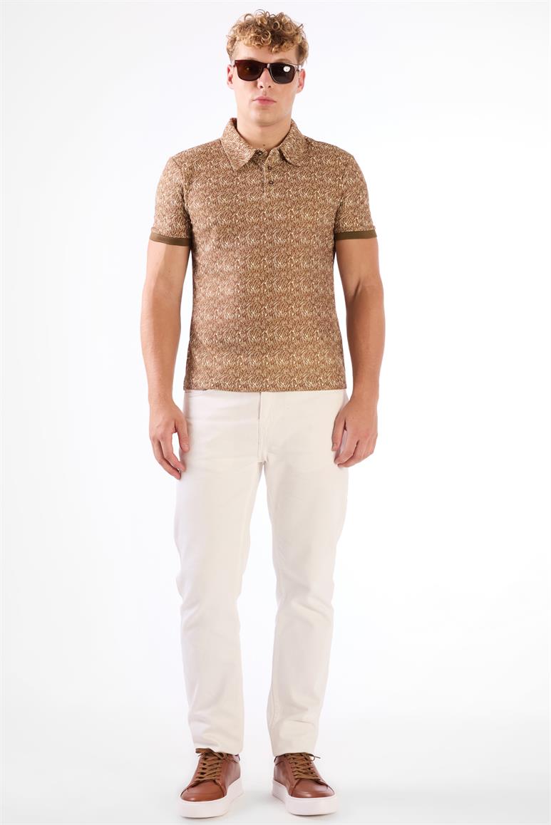 Kahverengi Erkek Ekstra Slim Fit Desenli Casual Polo Yaka T-shirt 