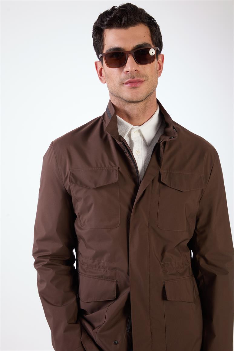 Kahverengi Erkek Regular Fit Düz Hakim Yaka Safari Mont 