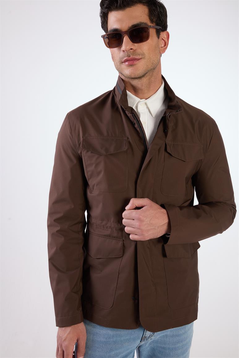 Kahverengi Erkek Regular Fit Düz Hakim Yaka Safari Mont 