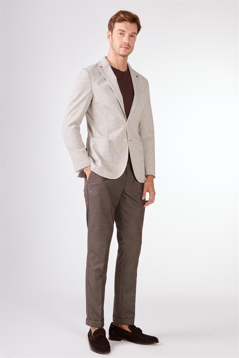 Kahverengi Erkek Slim Fit Armürlü Mono Yaka Ceket 