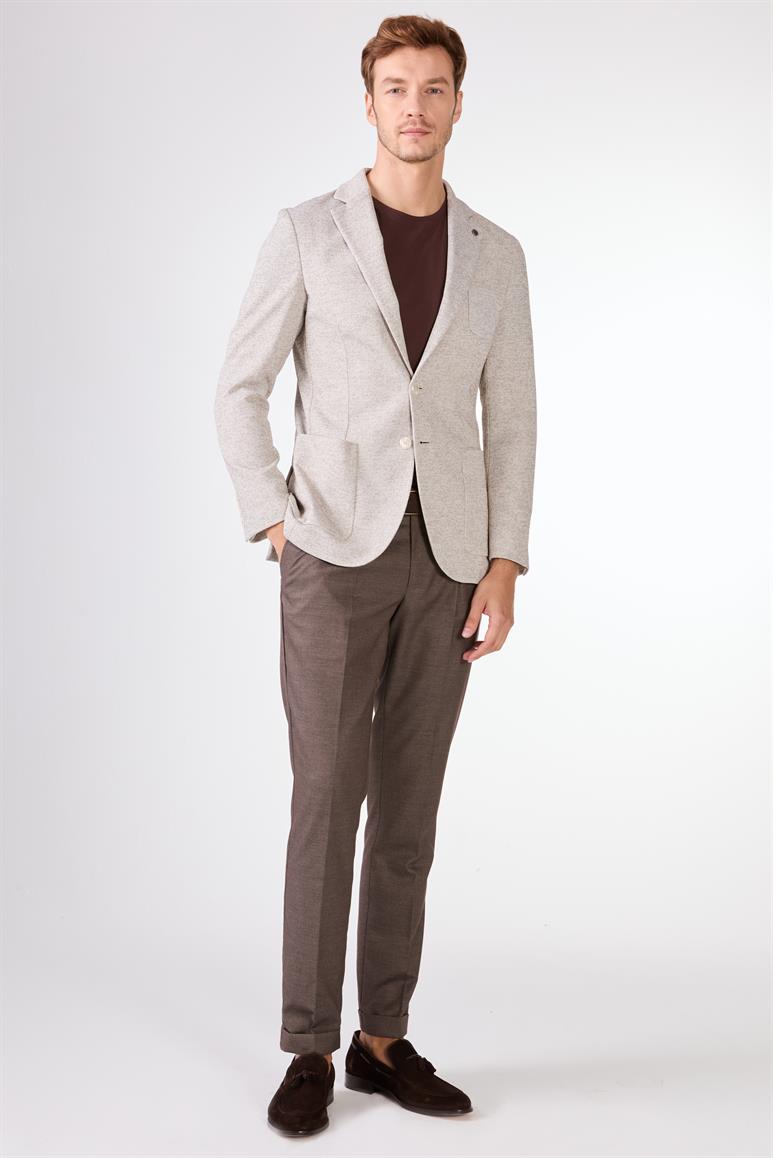 Kahverengi Erkek Slim Fit Armürlü Mono Yaka Ceket 