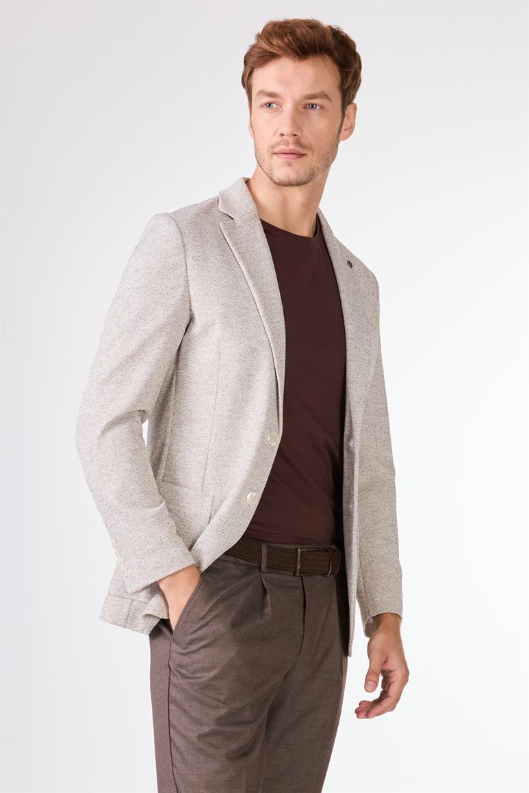 Kahverengi Erkek Slim Fit Armürlü Mono Yaka Ceket 